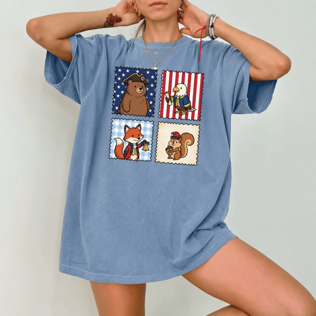 America 250th Patriotic Animal Stamp Shirt – 4th of July Gift for Her, Cute Tee - detail view