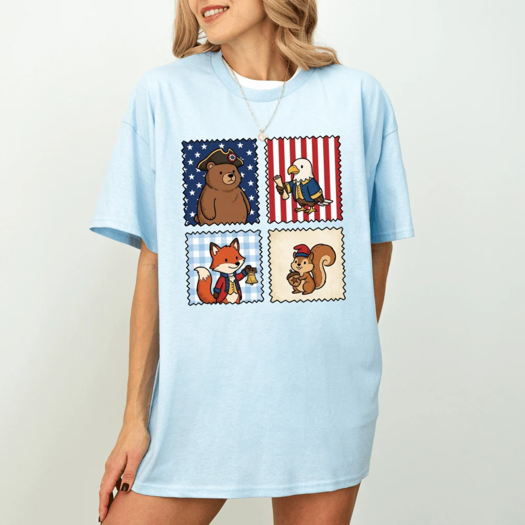 America 250th Patriotic Animal Stamp Shirt – 4th of July Gift for Her, Cute Animal Tee - back view