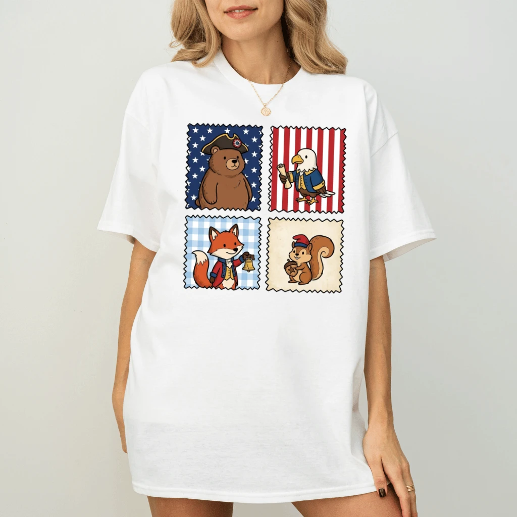 America 250th Patriotic Animal Stamp Shirt – 4th of July Gift for Her, Cute Animal Tee - detail view
