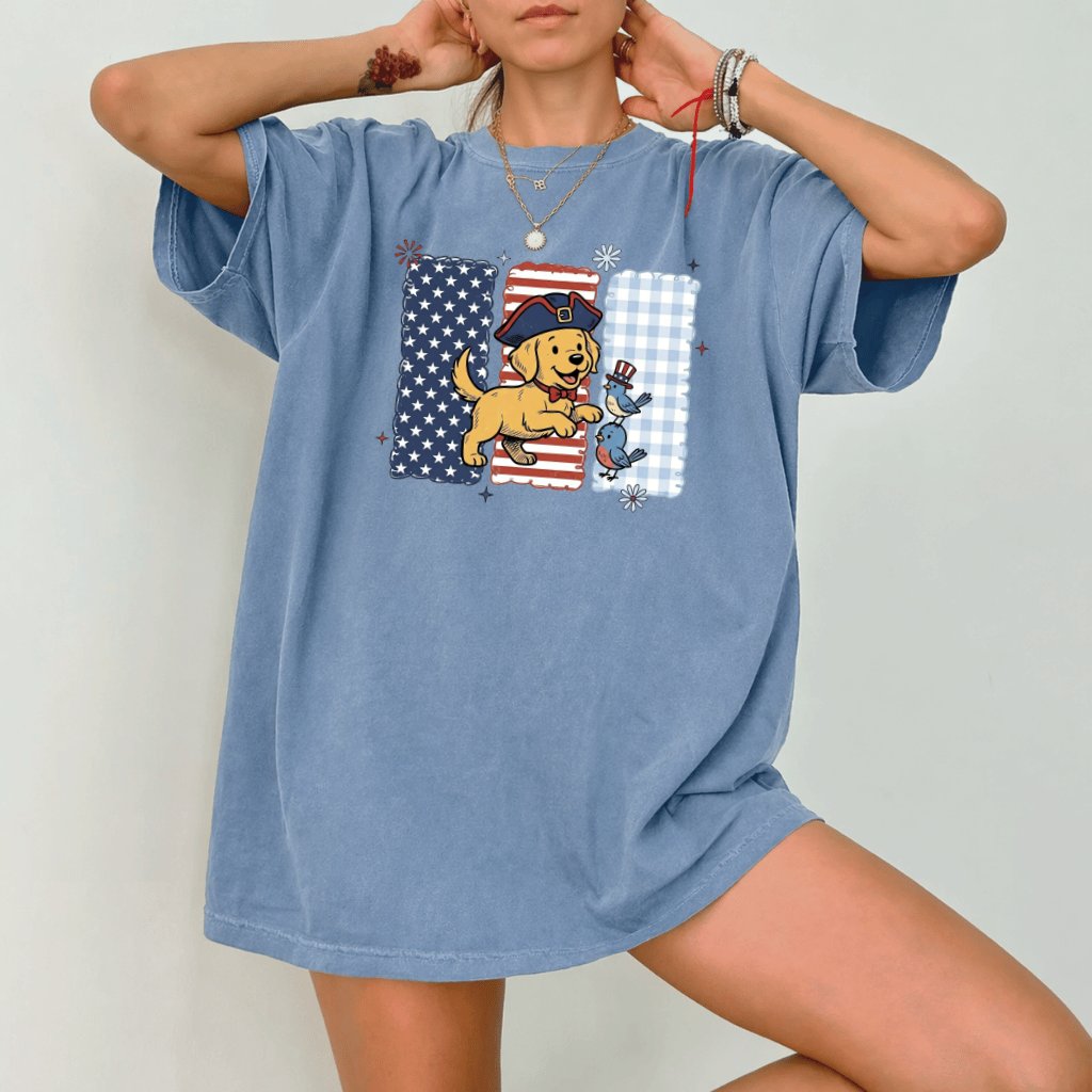 Patriotic Golden Retriever Puppy Comfort Colors T-Shirt – 4th of July Gift for Dog Mom, Cute USA Dog Tee - back view