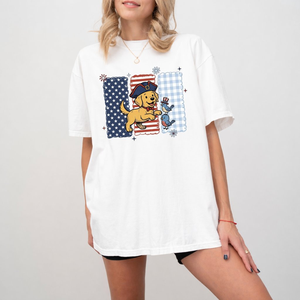 Patriotic Golden Retriever Puppy Comfort Colors T-Shirt – 4th of July Gift for Dog Mom, Cute USA Dog Tee - detail view
