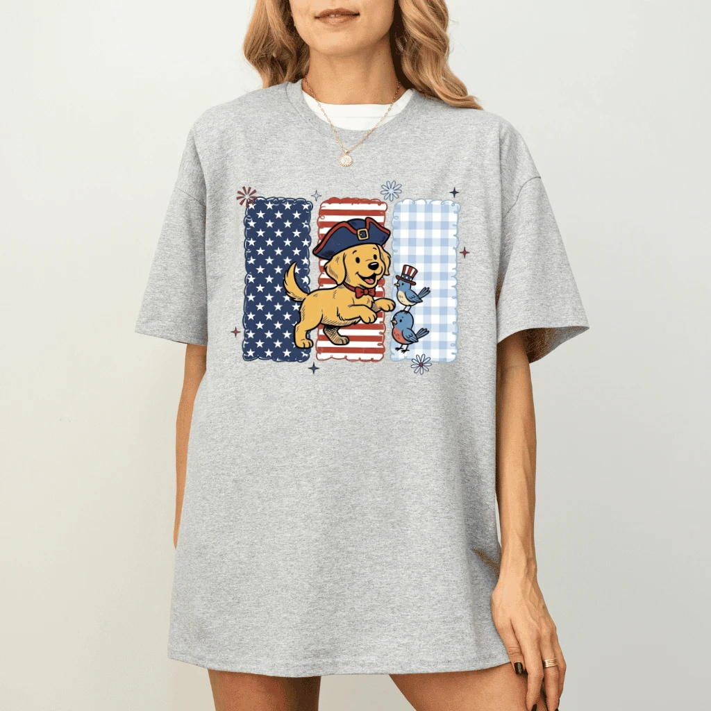 Patriotic Golden Retriever Puppy T-Shirt – 4th of July Gift for Dog Mom, Cute USA Dog Tee - back view