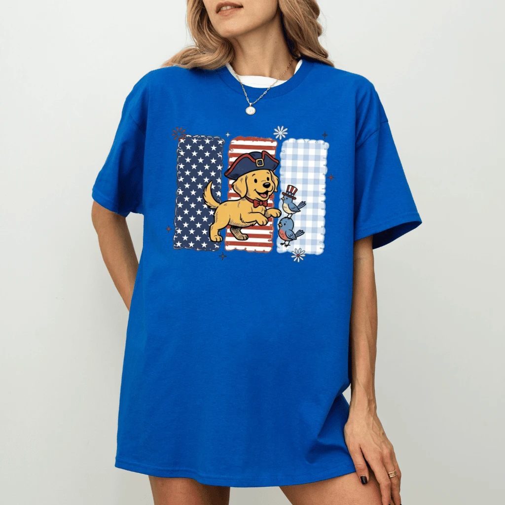 Patriotic Golden Retriever Puppy T-Shirt – 4th of July Gift for Dog Mom, Cute USA Dog Tee - detail view
