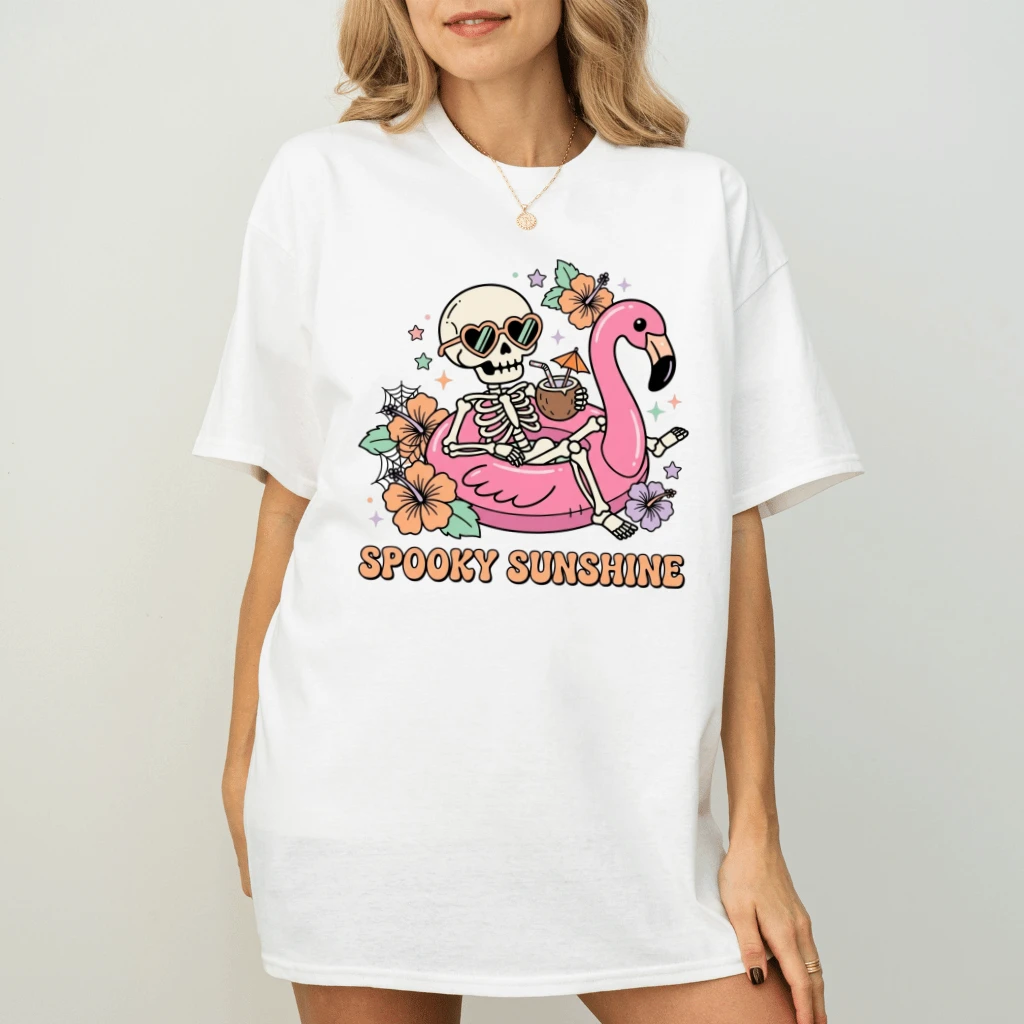 Spooky Sunshine Skeleton Shirt – Funny Summerween Gift for Her, Flamingo Summer Halloween Tee - back view