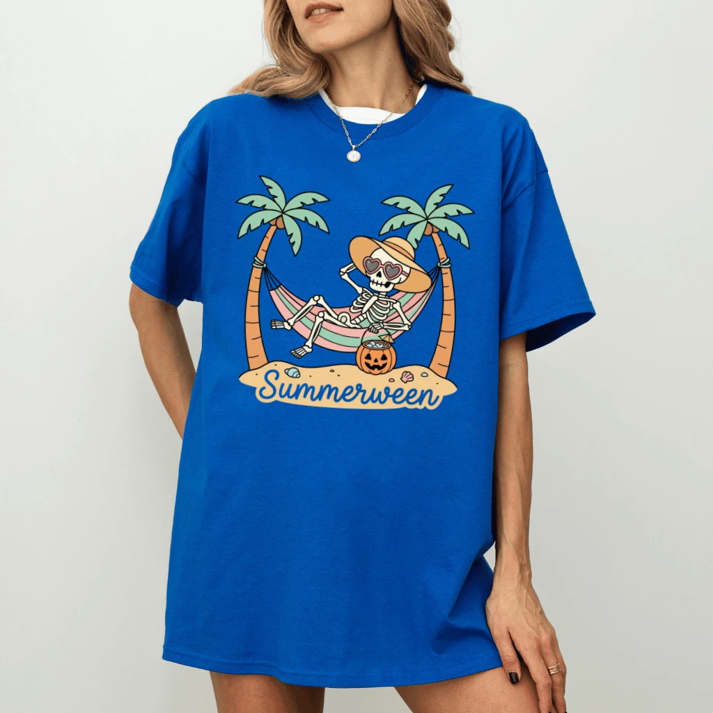 Summerween Skeleton Hammock Shirt – Funny Summer Halloween  Gift for Her, Vacation Tee - detail view