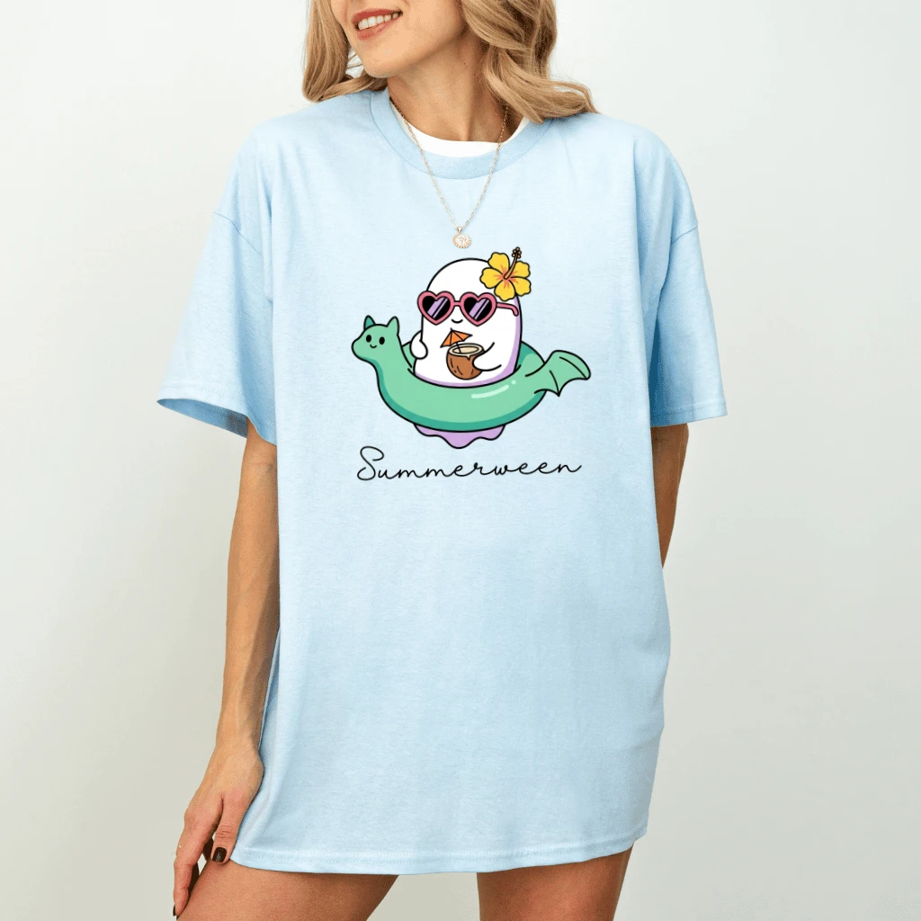 Summerween Cute Ghost Shirt – Funny Summer Gift for Her, Vacation Tee - detail view