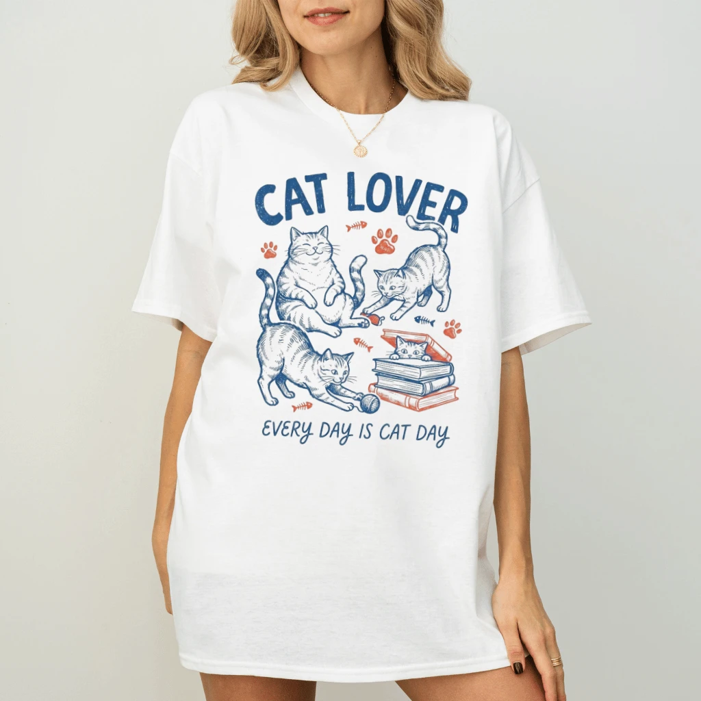 Cat Lover Every Day Is Cat Day T-Shirt – Funny Gift for Cat Mom, Cute Vintage Sketch Cat Tee - detail view