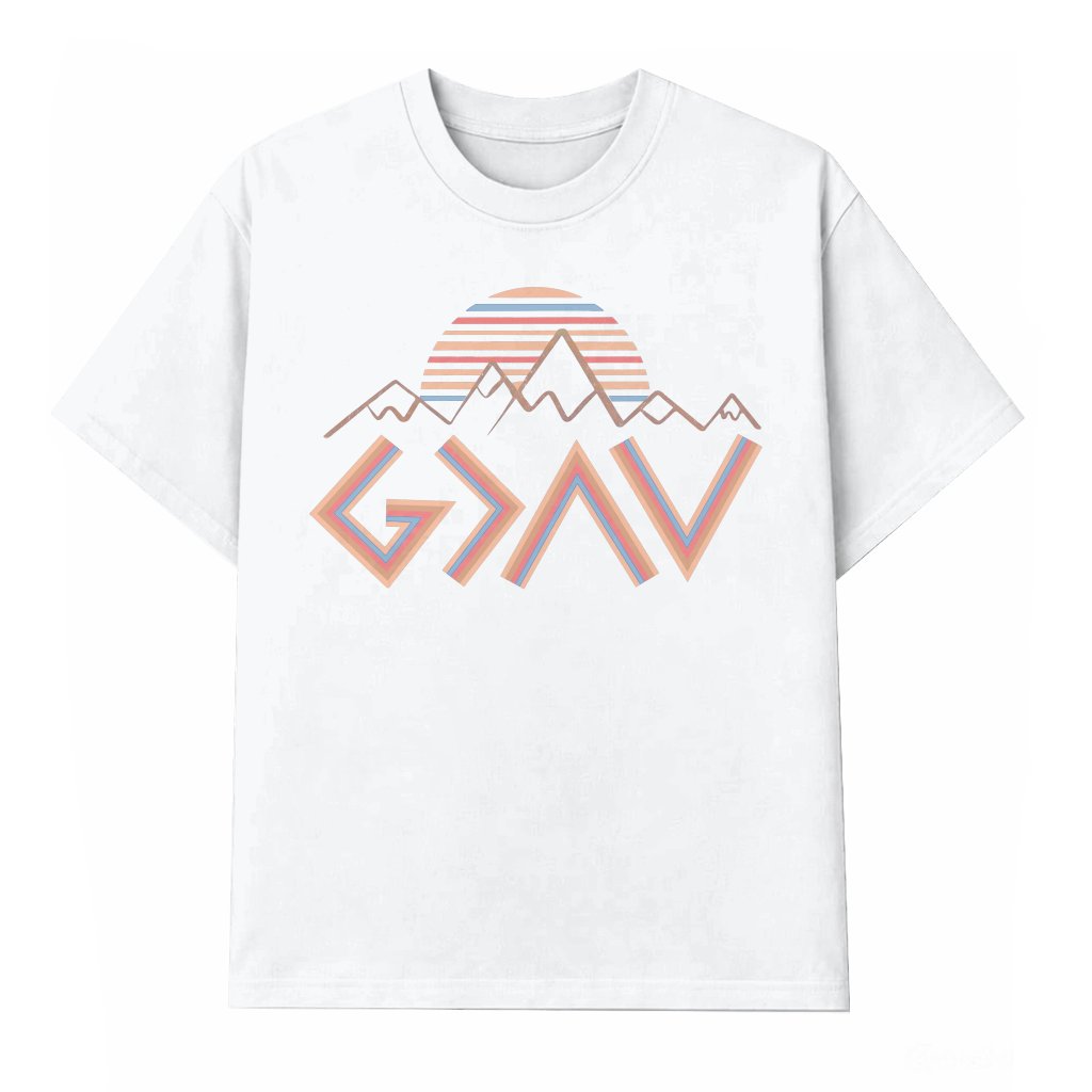 God Is Greater Than the Highs and Lows T-Shirt – Faith Gift for Christian, Retro Mountain Sunset Tee - front view