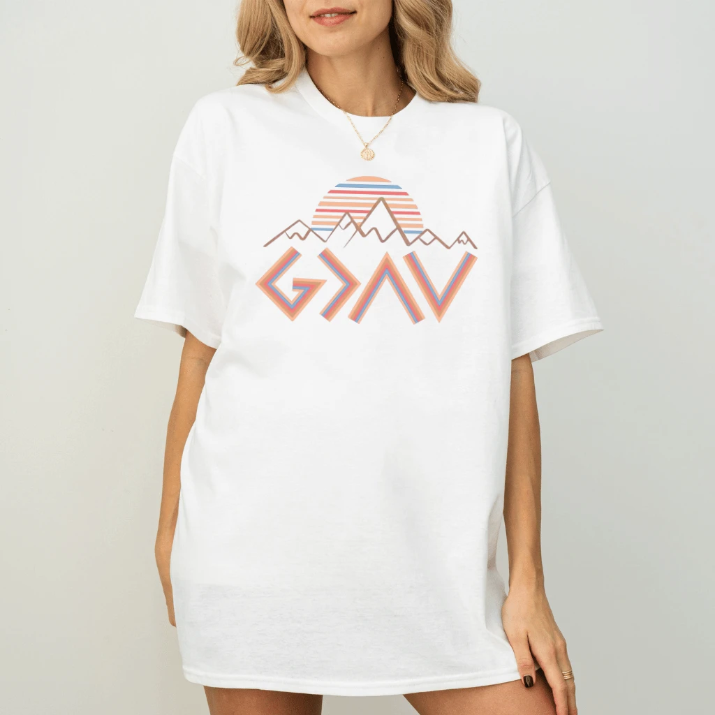 God Is Greater Than the Highs and Lows T-Shirt – Faith Gift for Christian, Retro Mountain Sunset Tee - back view