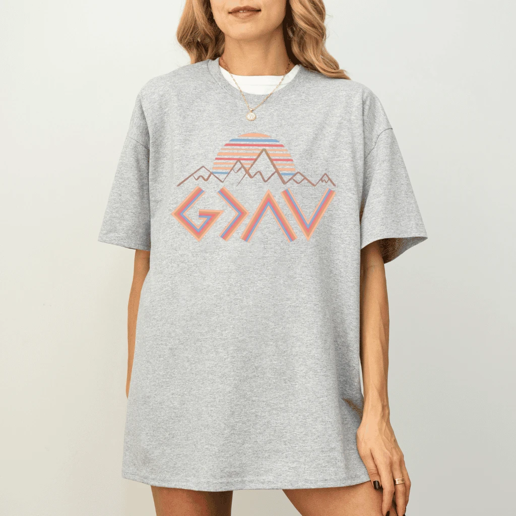 God Is Greater Than the Highs and Lows T-Shirt – Faith Gift for Christian, Retro Mountain Sunset Tee - detail view