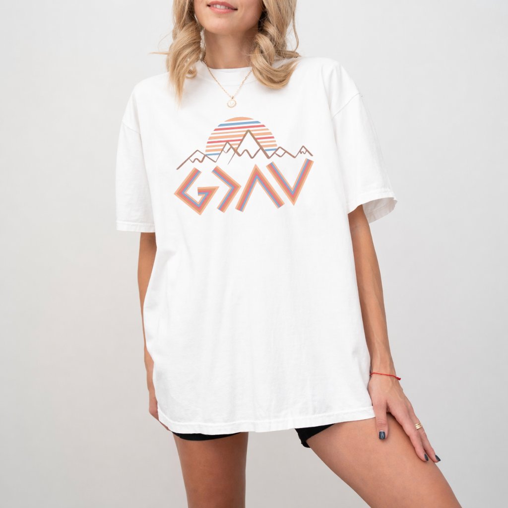 God Is Greater Than the Highs and Lows Comfort Colors Shirt – Faith Gift for Christian, Retro Mountain Sunset Tee - back view