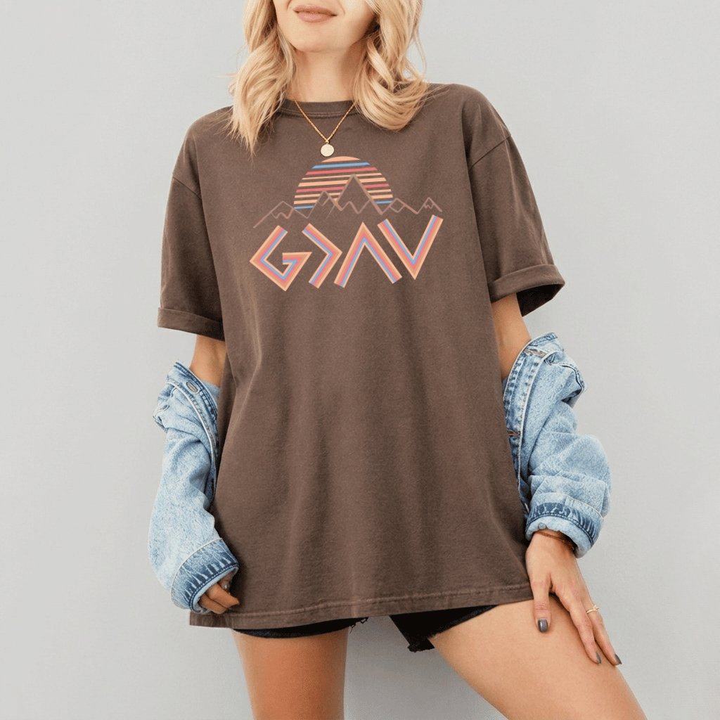 God Is Greater Than the Highs and Lows Comfort Colors Shirt – Faith Gift for Christian, Retro Mountain Sunset Tee - detail view