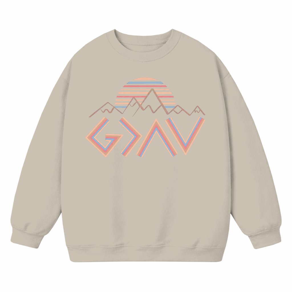 God Is Greater Than the Highs and Lows Sweatshirt – Faith Gift for Christian, Retro Mountain Sunset Tee - front view