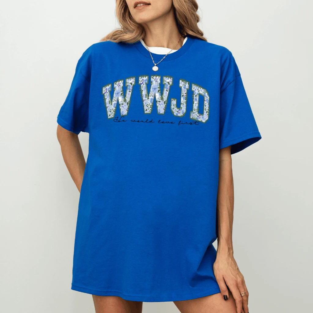 WWJD Floral T-Shirt – Faith Gift for Christian, What Would Jesus Do Aesthetic Tee - detail view