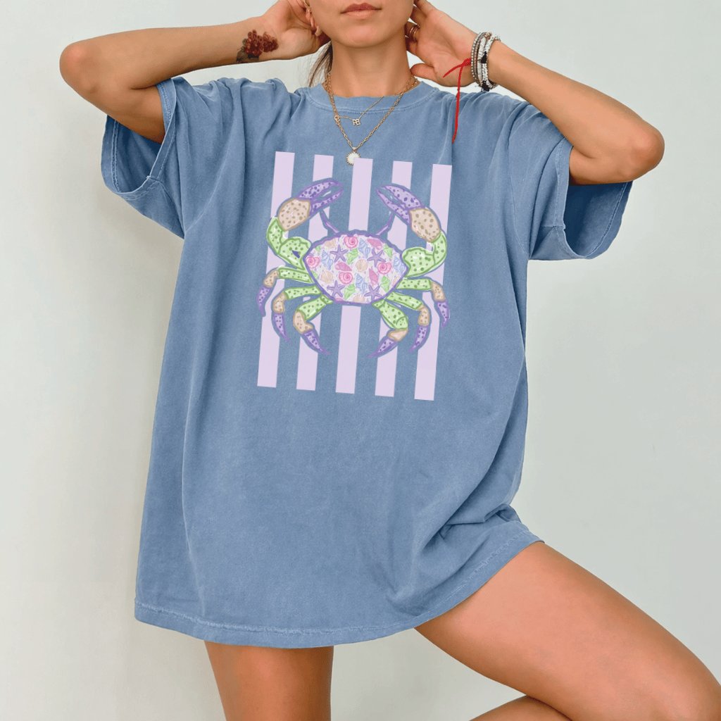 Coastal Crab Coquette Comfort Colors Shirt – Summer Beach Gift for Her, Preppy Seashell Ocean Aesthetic Tee - detail view