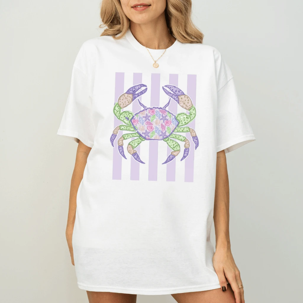 Coastal Crab Coquette T-Shirt – Summer Beach Gift for Her, Preppy Seashell Ocean Aesthetic Tee - back view