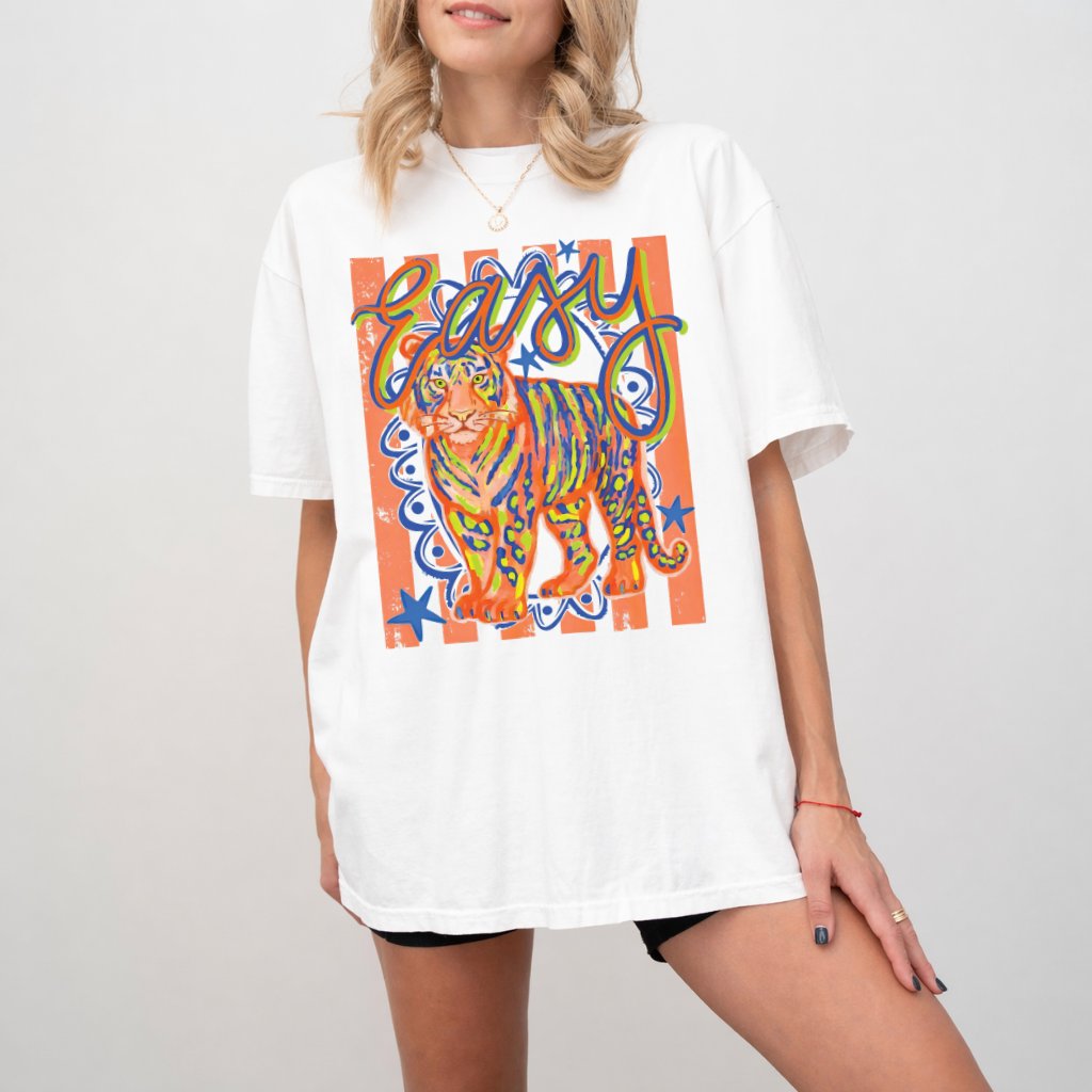 Easy Tiger Comfort Colors Shirt – Funny Gift for Her, Sarcastic Preppy Striped Doodle Tee - back view