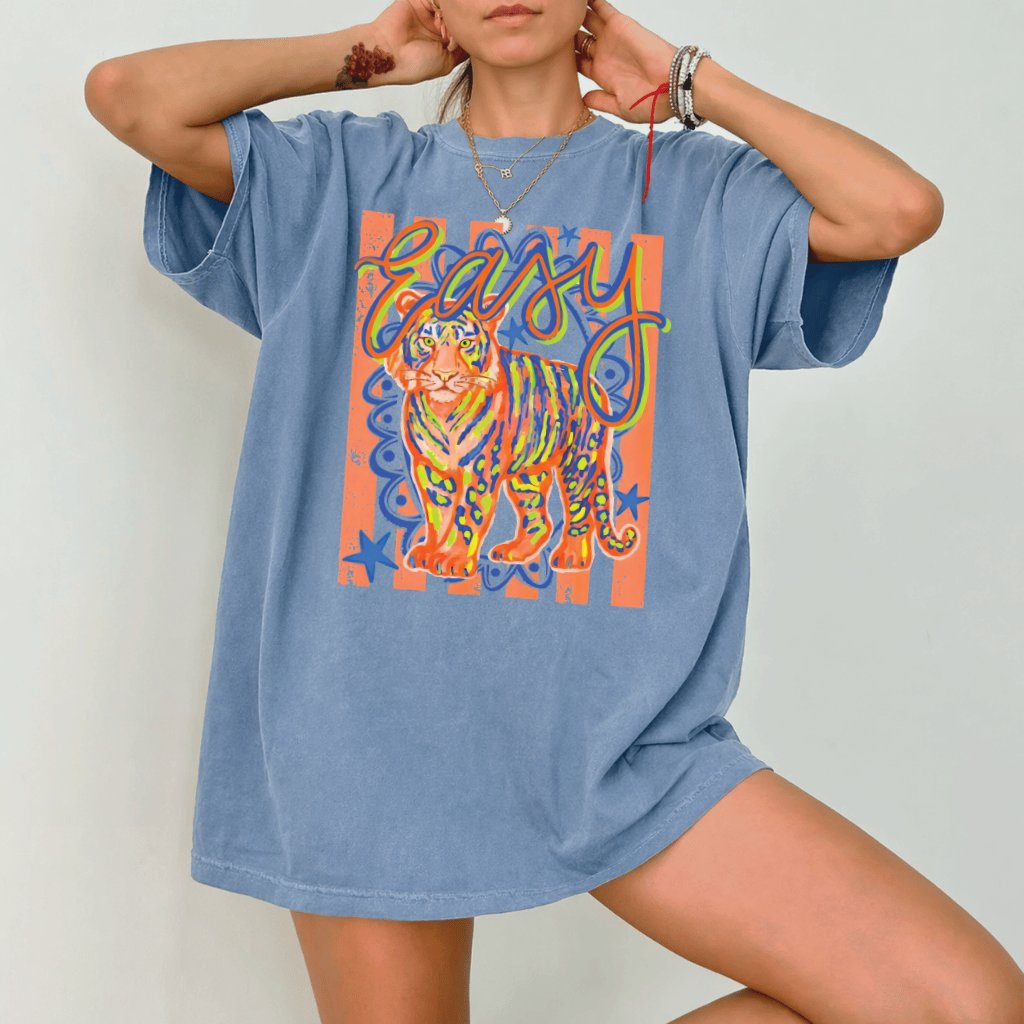 Easy Tiger Comfort Colors Shirt – Funny Gift for Her, Sarcastic Preppy Striped Doodle Tee - detail view