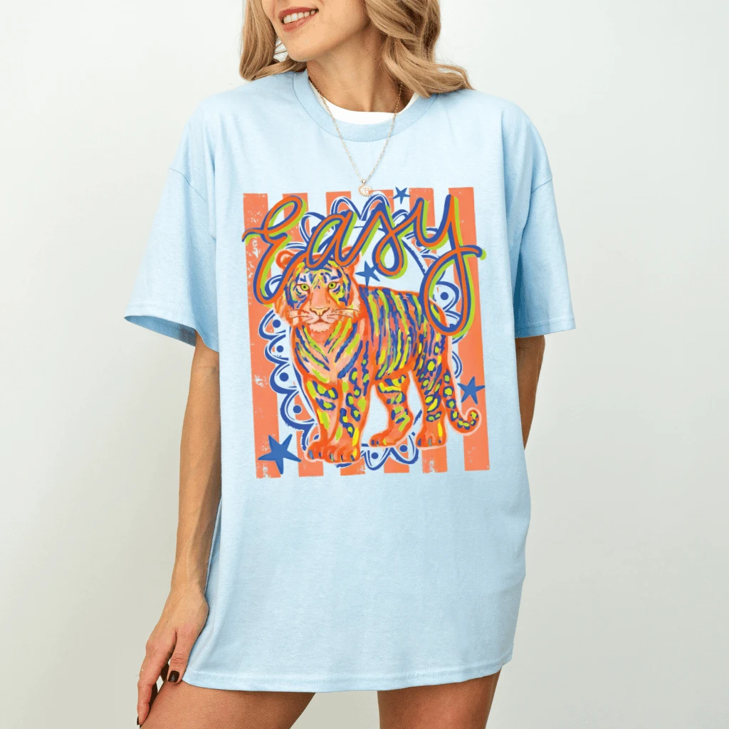 Easy Tiger T-Shirt – Funny Gift for Her, Sarcastic Preppy Striped Doodle Tee - back view