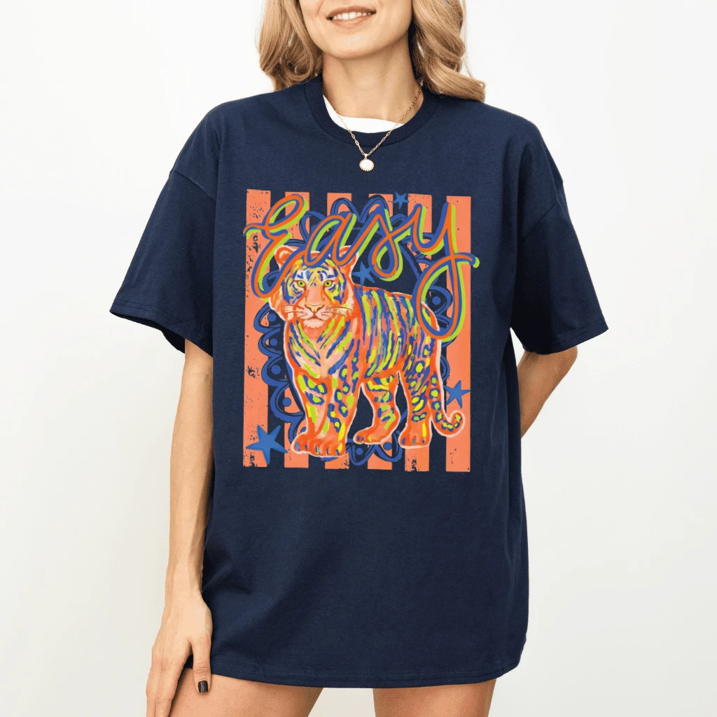 Easy Tiger T-Shirt – Funny Gift for Her, Sarcastic Preppy Striped Doodle Tee - detail view