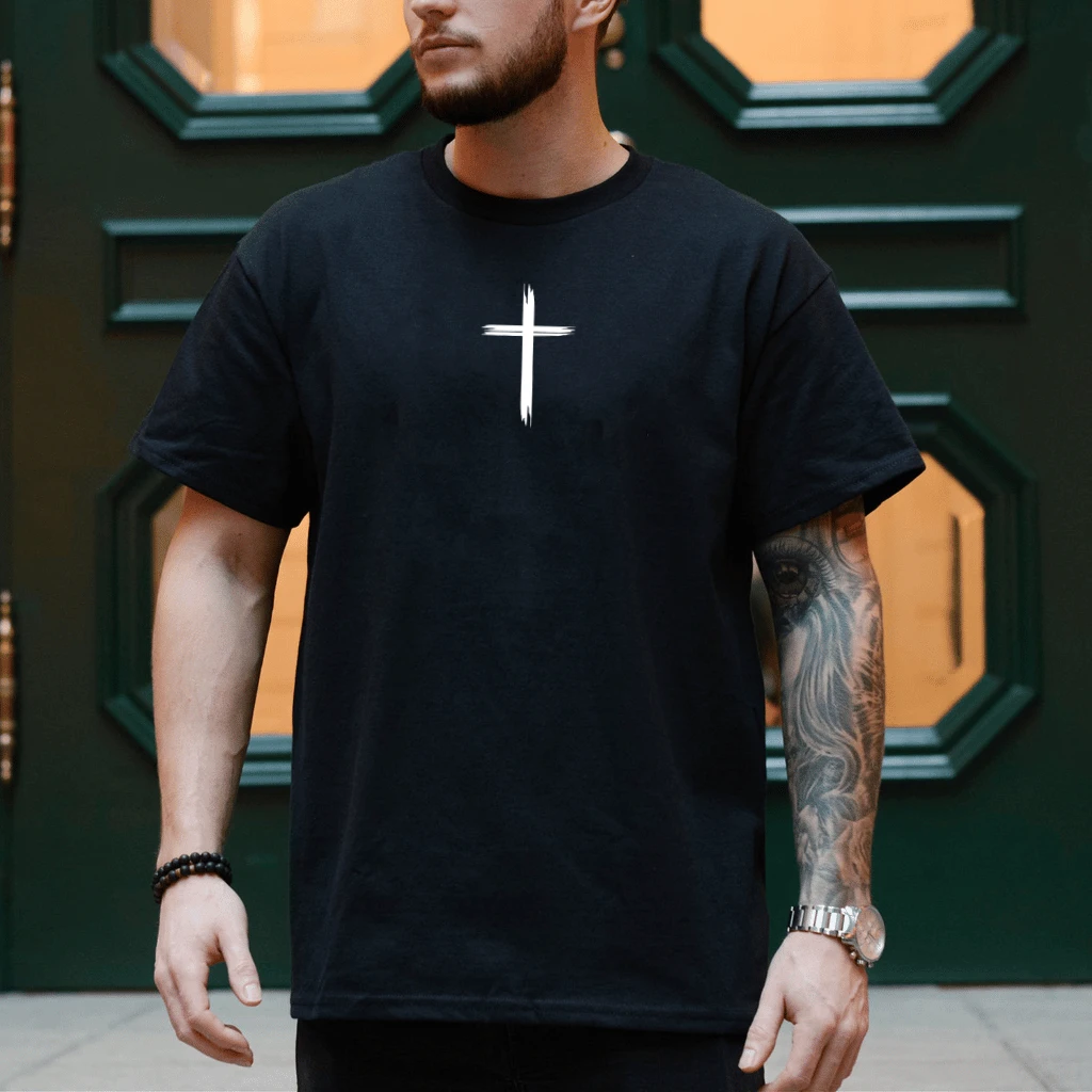 Christian Cross T-Shirt – Faith Gift for Christians, Minimalist Religious Graphic Tee - detail view