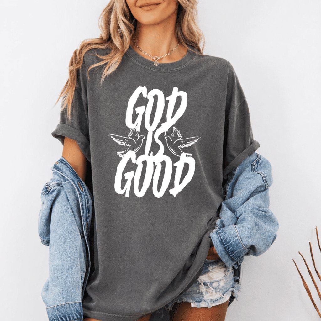 God Is Good Comfort Colors T-Shirt – Faith Gift for Christians, Bible Verse Aesthetic Tee - detail view