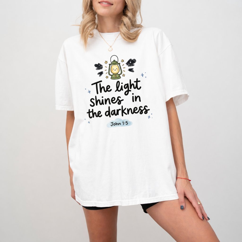 The Light Shines in the Darkness Comfort Colors Shirt – Faith Gift for Christians, John 1:5 Bible Verse Church Outfit Tee - back view