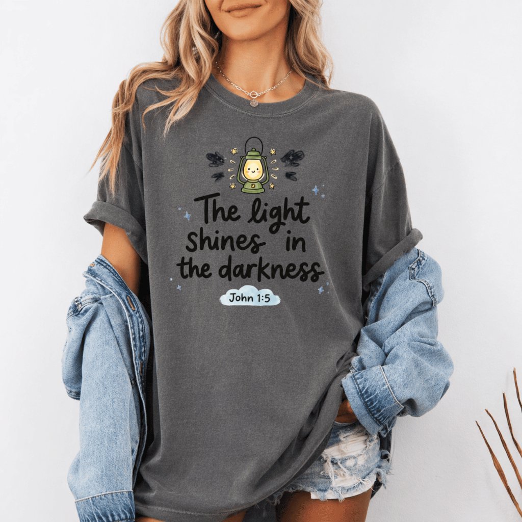 The Light Shines in the Darkness Comfort Colors Shirt – Faith Gift for Christians, John 1:5 Bible Verse Church Outfit Tee - detail view
