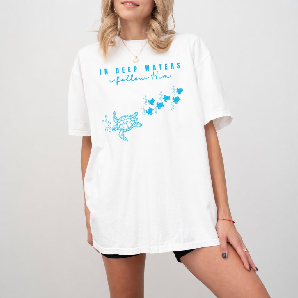 In Deep Waters I Follow Him Comfort Colors Shirt – Faith Gift for Christians, Christian Sea Turtle Ocean Tee - back view