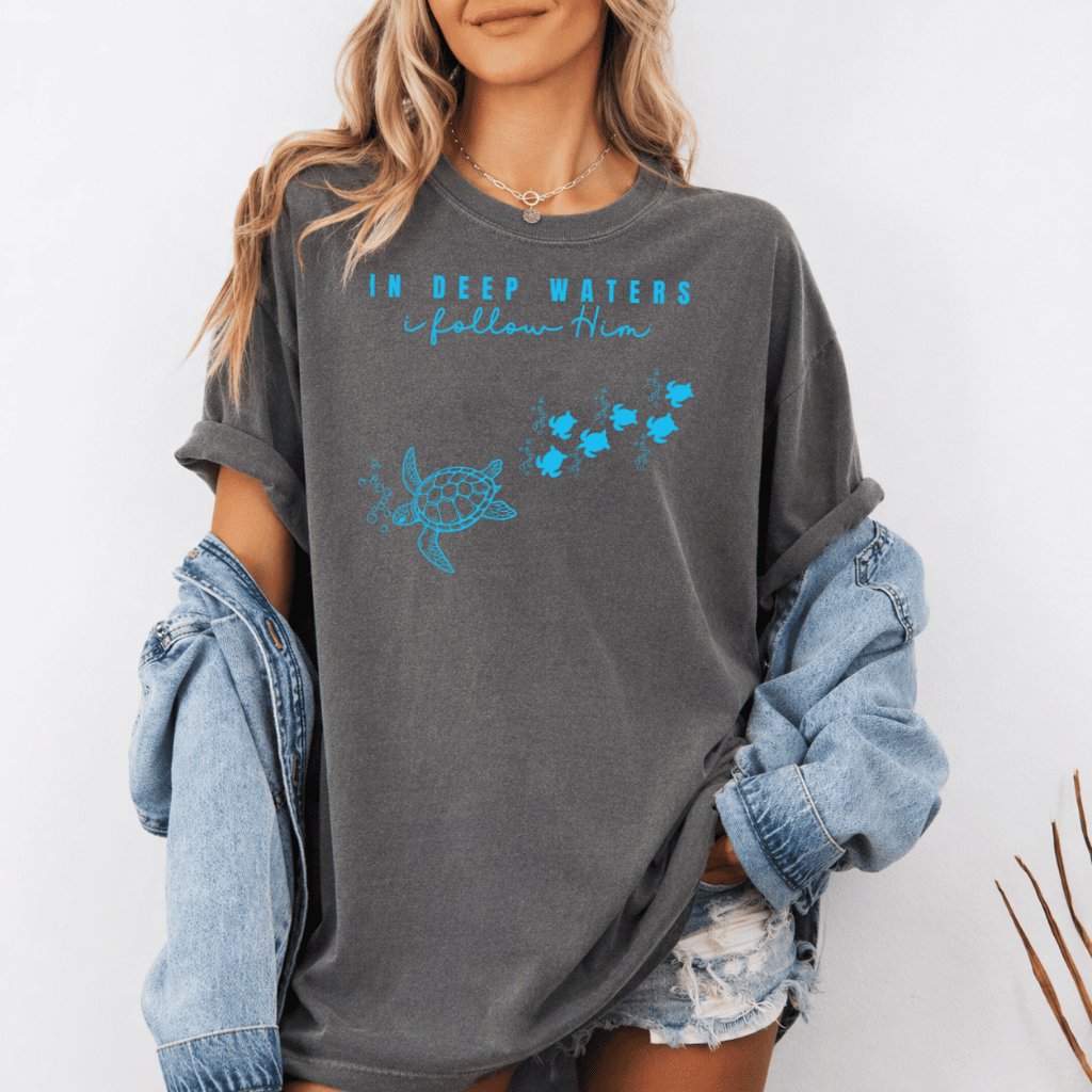 In Deep Waters I Follow Him Comfort Colors Shirt – Faith Gift for Christians, Christian Sea Turtle Ocean Tee - detail view