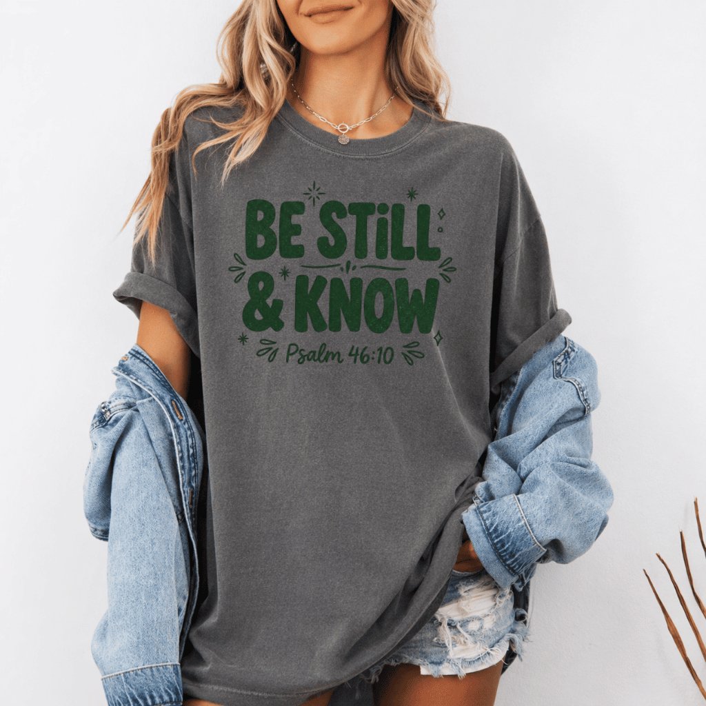 Be Still and Know Psalm Comfort Colors Shirt – Faith Gift for Christians, Bible Verse Retro Christian Tee - detail view