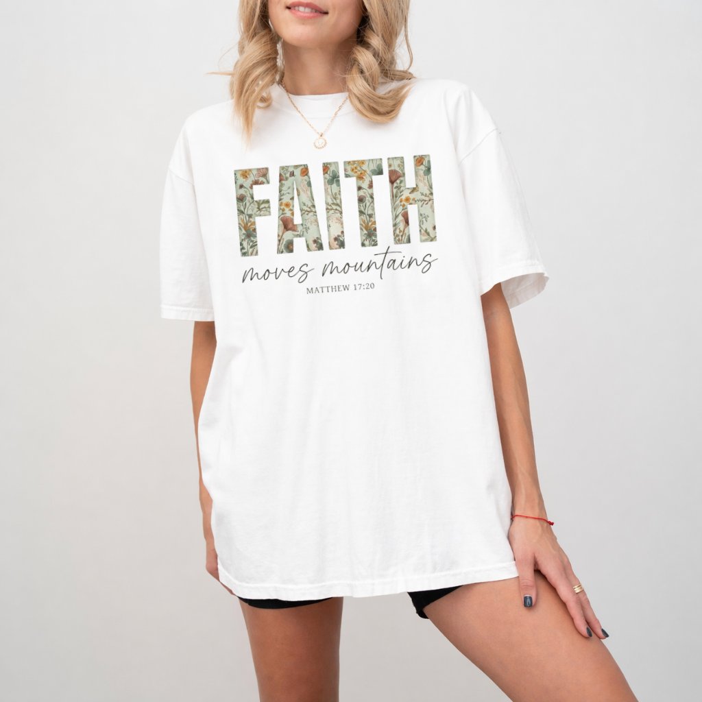 Faith Moves Mountains Matthew Comfort Colors Shirt – Faith Gift for Christians, Bible Verse Tee - detail view