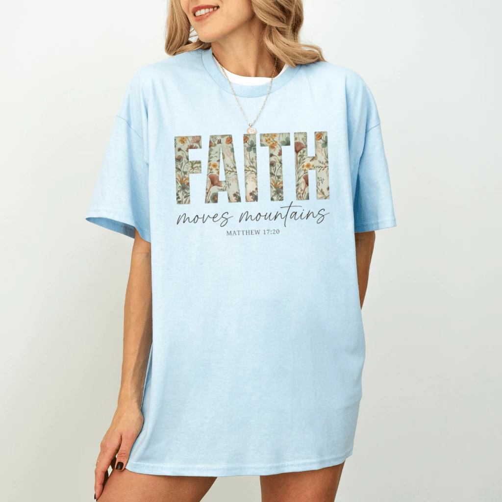 Faith Moves Mountains Matthew T-Shirt – Faith Gift for Christians, Bible Verse Tee - back view