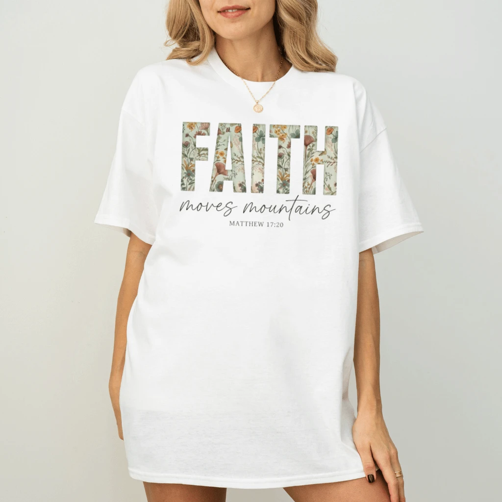 Faith Moves Mountains Matthew T-Shirt – Faith Gift for Christians, Bible Verse Tee - detail view