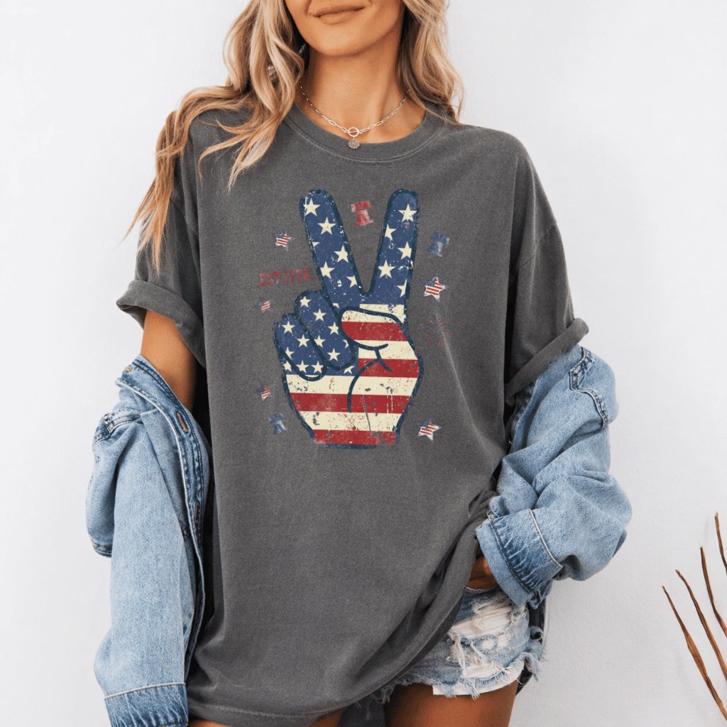 USA Peace Sign Est 1776 Comfort Colors Shirt – 4th of July Gift for Her, Patriotic Tee - detail view