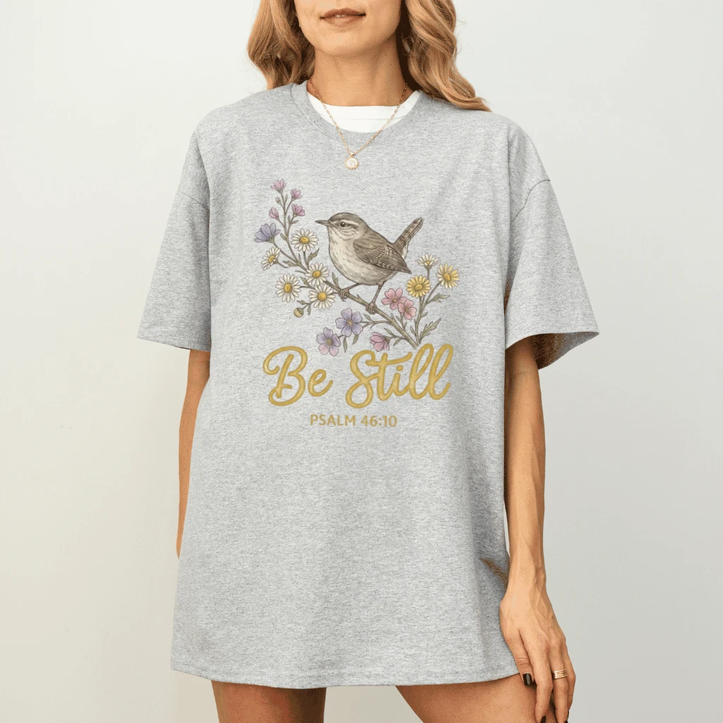 Be Still Psalm T-Shirt – Faith Gift for Christians, Watercolor Bird Wildflower Floral Tee - back view