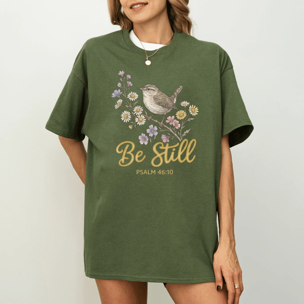 Be Still Psalm T-Shirt – Faith Gift for Christians, Watercolor Bird Wildflower Floral Tee - detail view