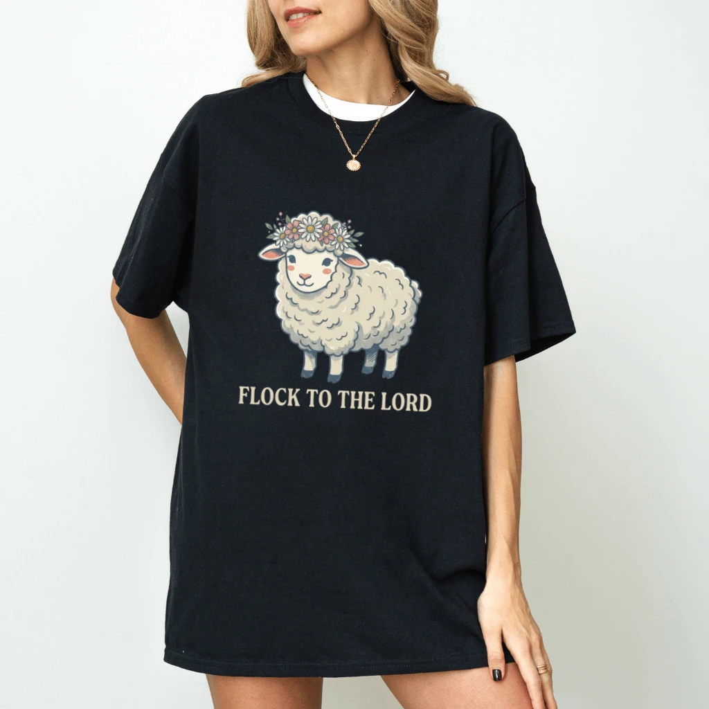 Flock to the Lord T-Shirt – Faith Gift for Christians, Cute Floral Sheep Bible Verse Tee - back view