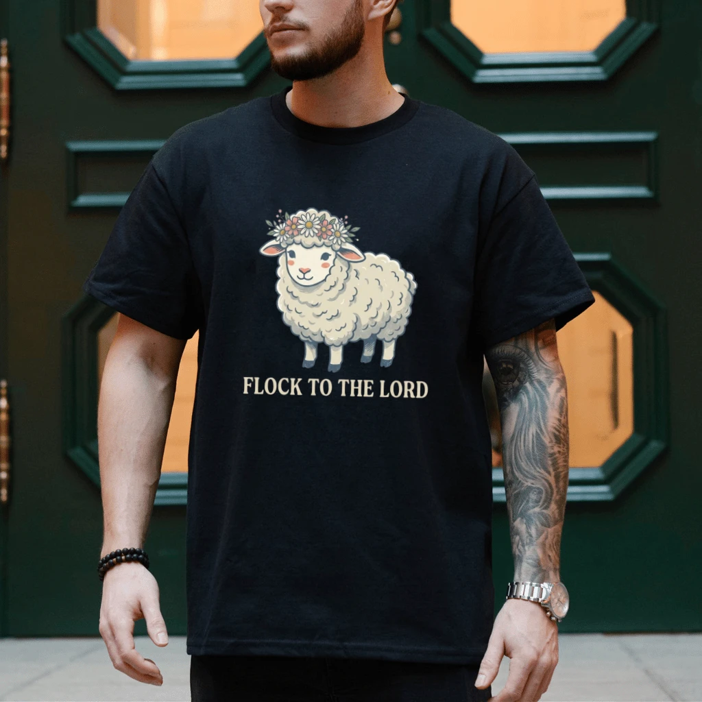 Flock to the Lord T-Shirt – Faith Gift for Christians, Cute Floral Sheep Bible Verse Tee - detail view
