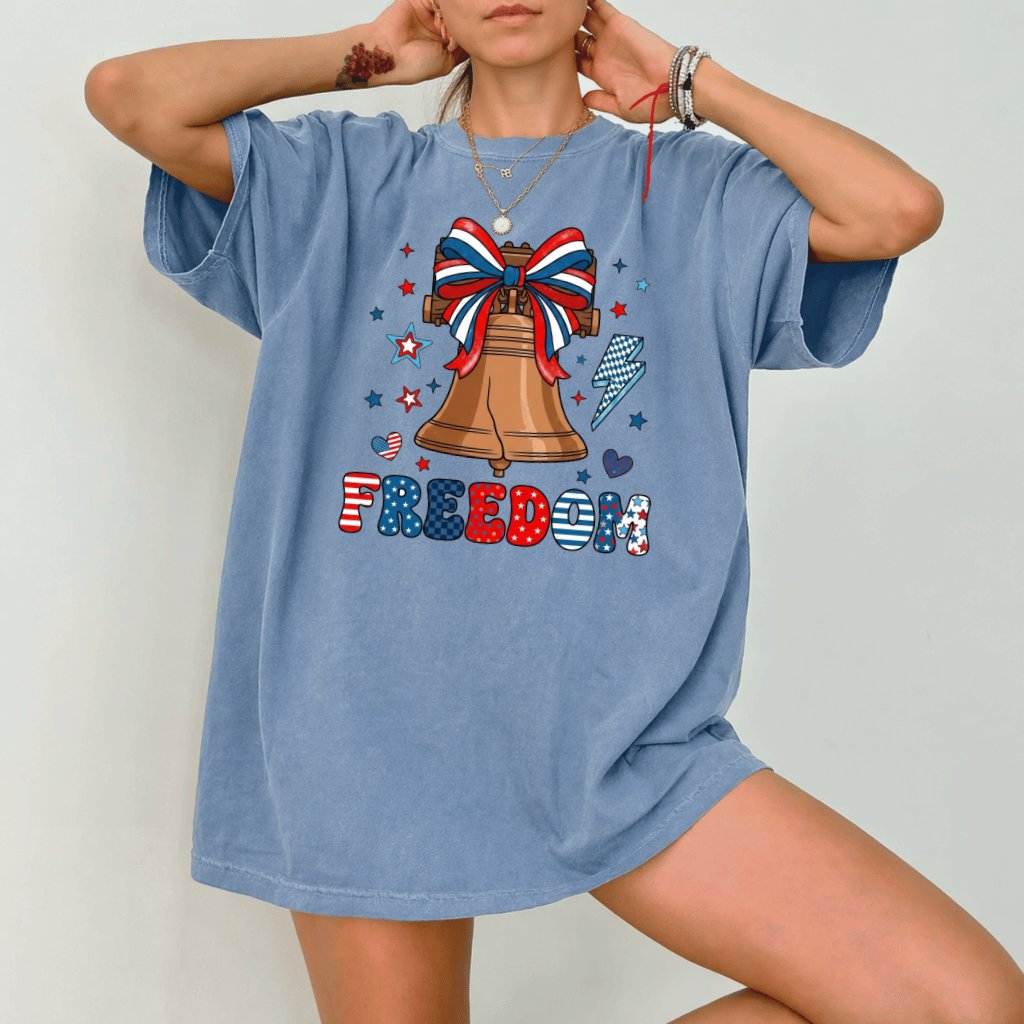 Freedom Liberty Bell Coquette Bow Comfort Colors T-Shirt – 4th of July Gift for Her, Patriotic USA Christian Tee - back view