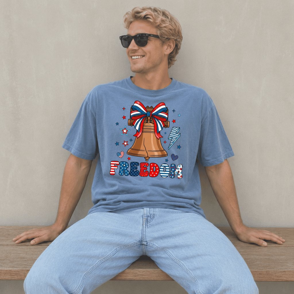 Freedom Liberty Bell Coquette Bow Comfort Colors T-Shirt – 4th of July Gift for Her, Patriotic USA Christian Tee - detail view