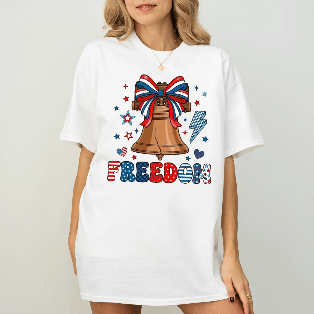 Freedom Liberty Bell Coquette Bow  T-Shirt – 4th of July Gift for Her, Patriotic USA Christian Tee - back view