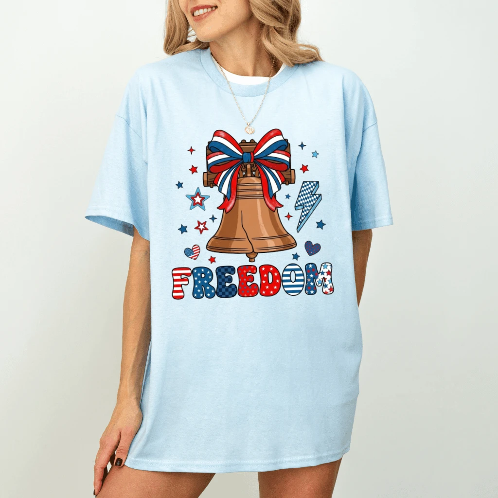 Freedom Liberty Bell Coquette Bow  T-Shirt – 4th of July Gift for Her, Patriotic USA Christian Tee - detail view