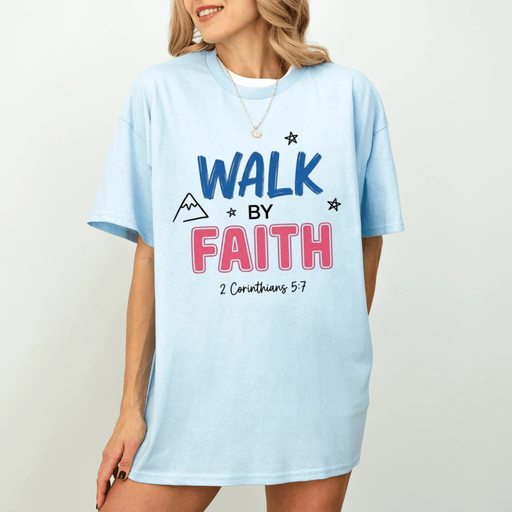 Walk By Faith Corinthians T-Shirt – Faith Gift for Christians, Bible Verse Tee - back view