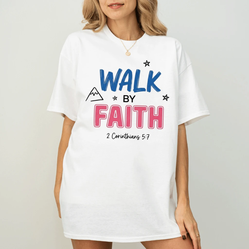 Walk By Faith Corinthians T-Shirt – Faith Gift for Christians, Bible Verse Tee - detail view