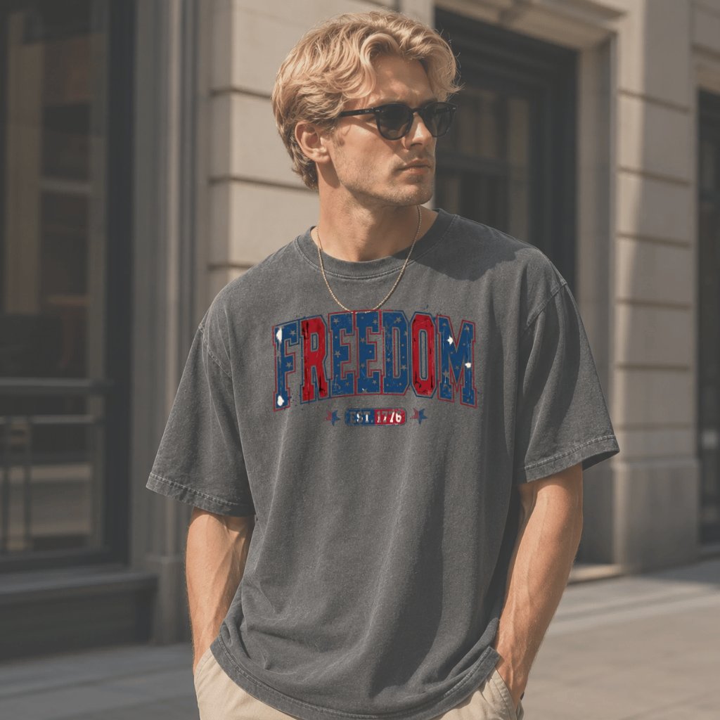 Freedom Est 1776 Varsity Comfort Colors Shirt – 4th of July Gift for Her, Patriotic USA Graphic Tee - detail view
