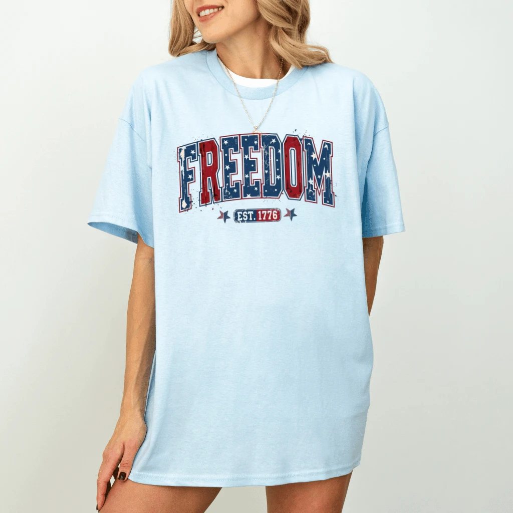 Freedom Est 1776 Varsity T-Shirt – 4th of July Gift for Her, Patriotic USA Bold Graphic Tee - back view