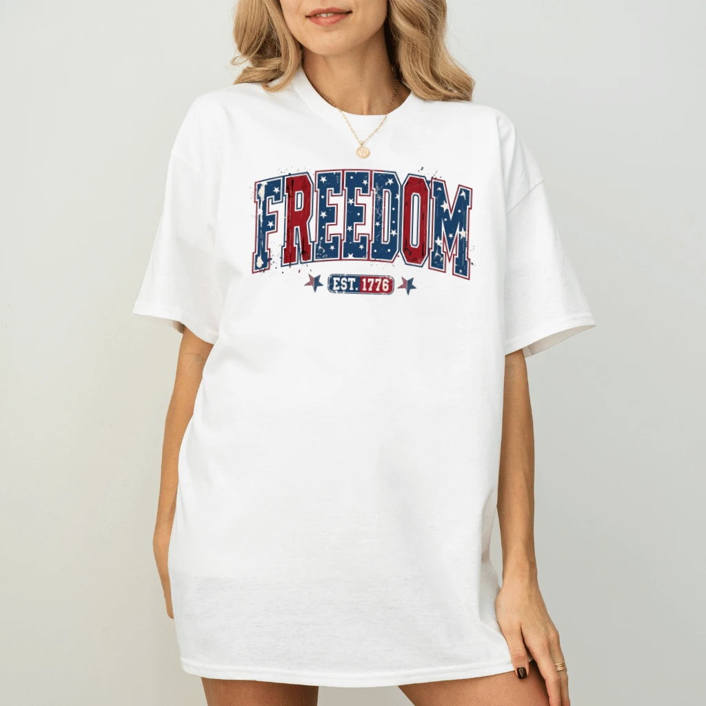 Freedom Est 1776 Varsity T-Shirt – 4th of July Gift for Her, Patriotic USA Bold Graphic Tee - detail view
