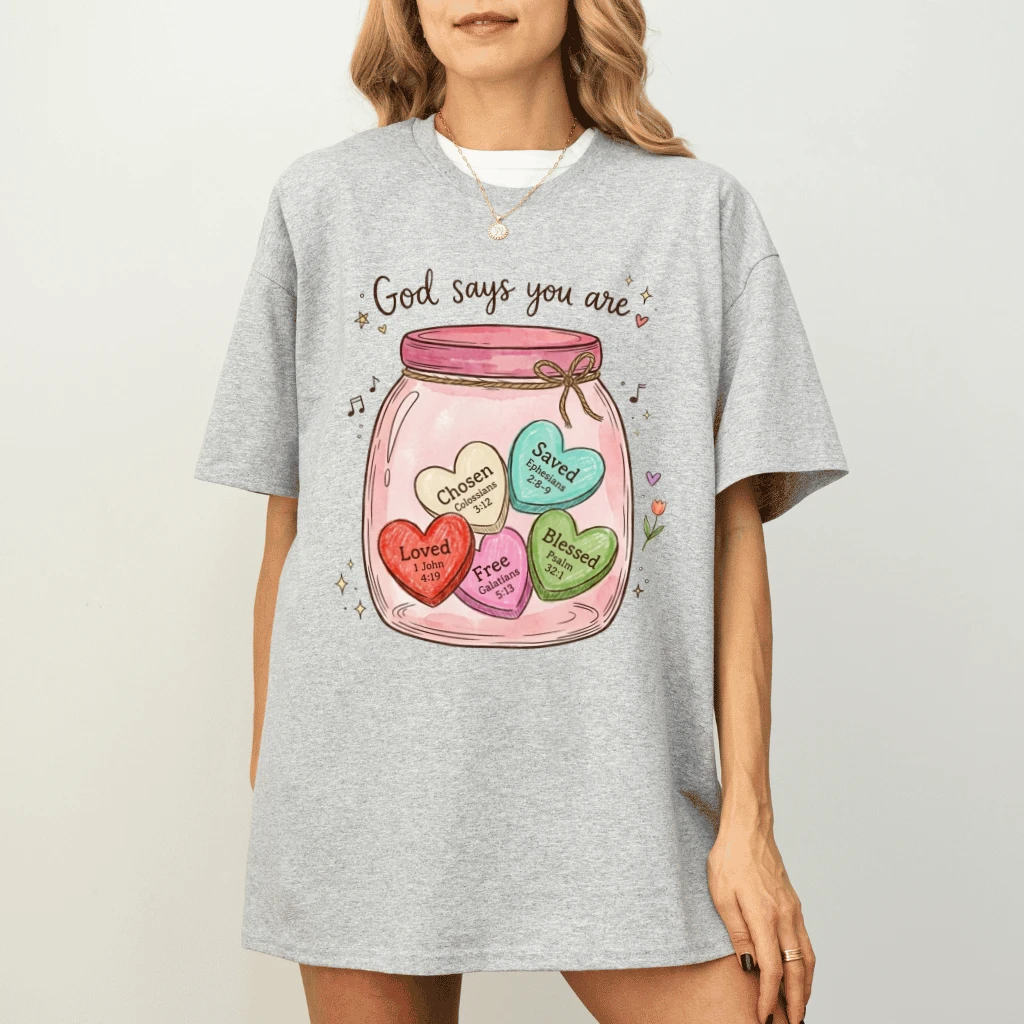 God Says You Are Loved T-Shirt – Faith Gift for Christians, Cute Tee - detail view