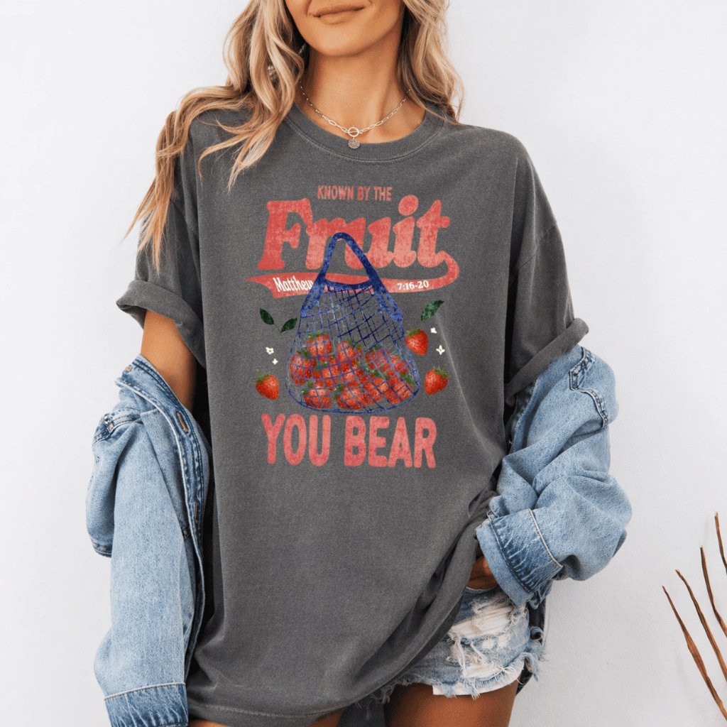 Known By the Fruit You Bear Comfort Colors Shirt – Faith Gift for Christians Bible Tee - detail view